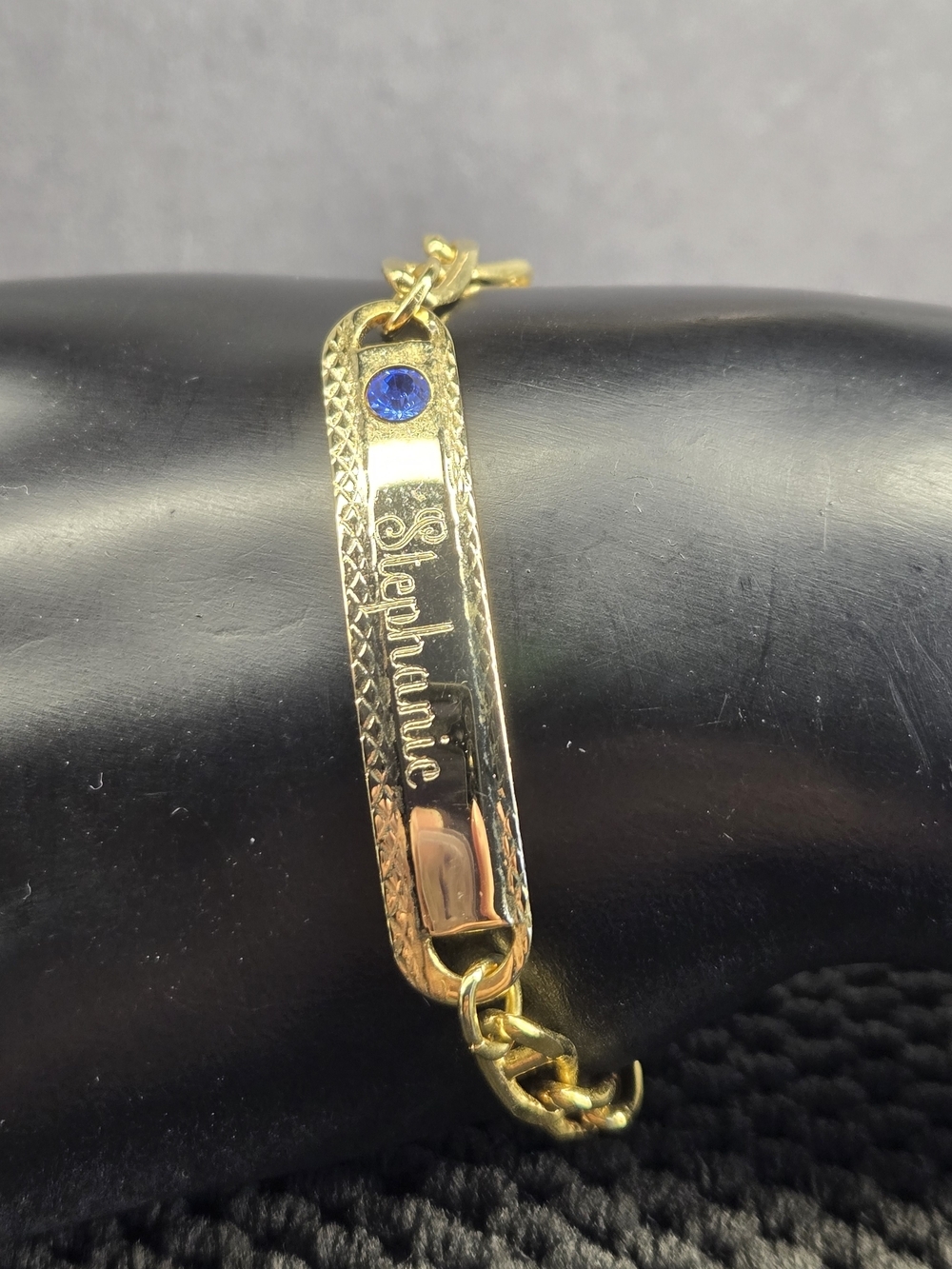 Personalized Stephanie Bar Bracelet with Blue Accent Gold Tone